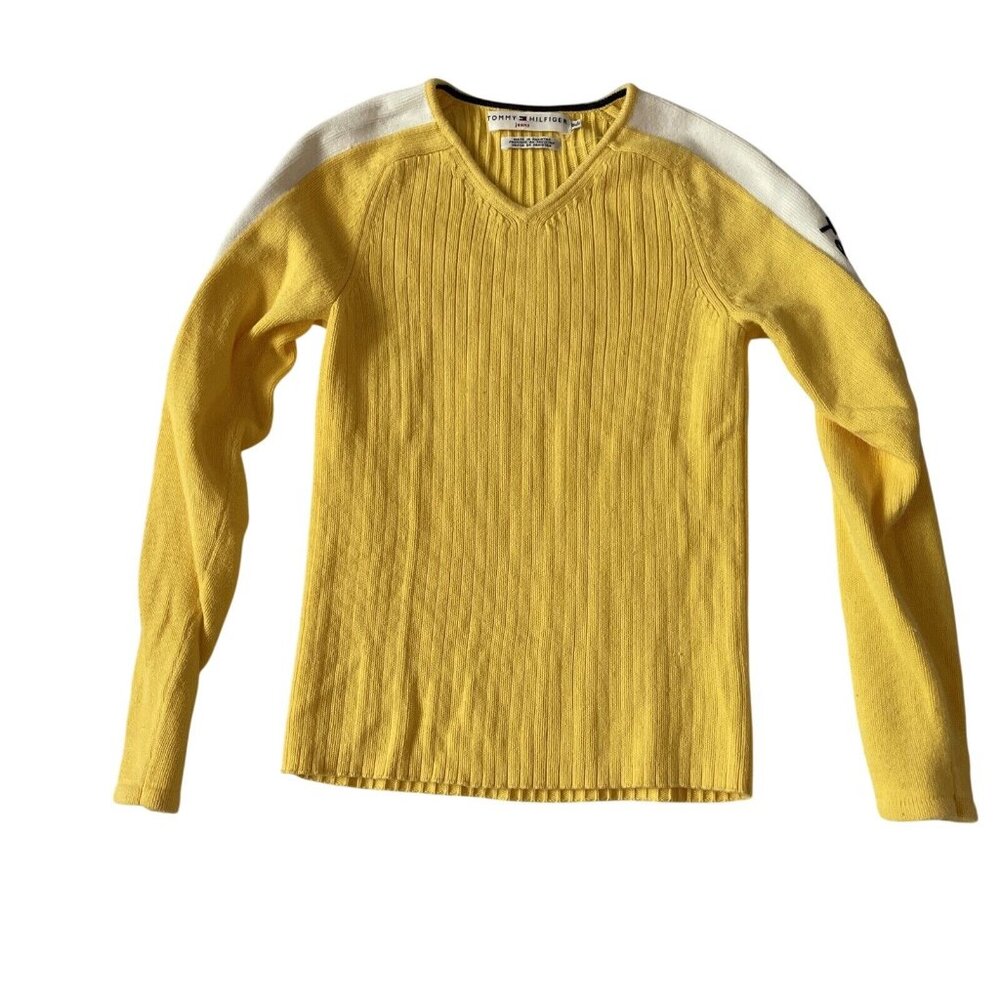 Tommy Hilfiger Women's Yellow Ribbed Sweater Spell Out on Long Sleeve Vintage
